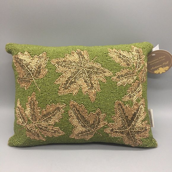 Autumn Hill Beaded Green Gold Fall Maple Leaf Lumbar Pillow Fall Decor 12x16 - Picture 2 of 8